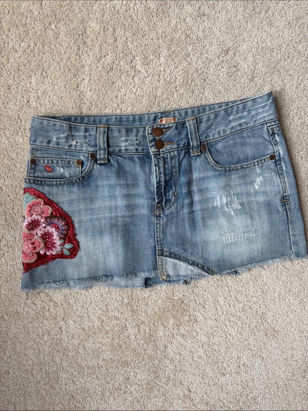 Abercrombie and Fitch Vintage Y2K Blue Denim Skirt Floral Embroidery 6
